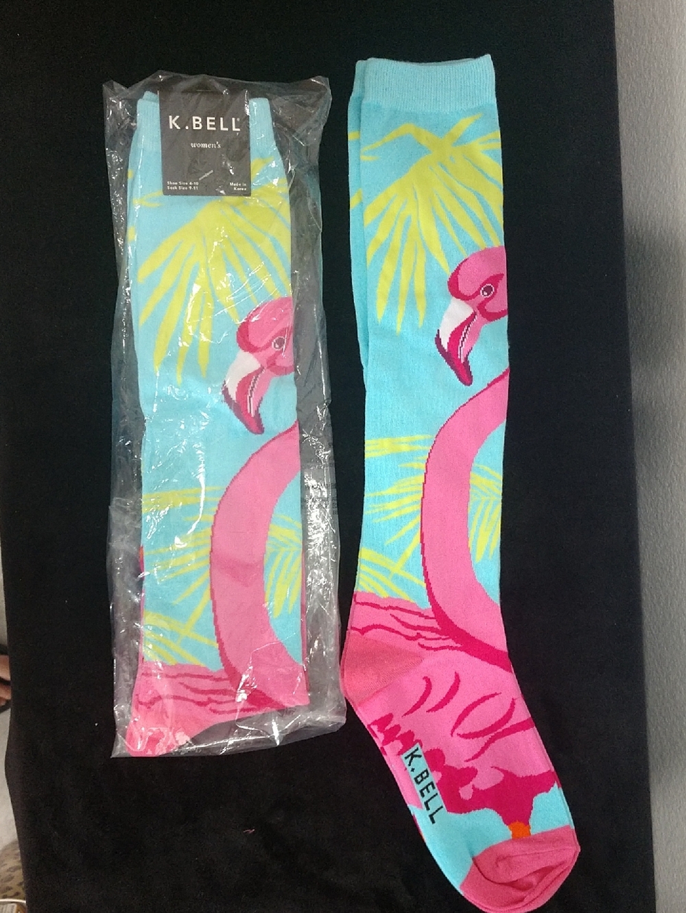 2 Pair K. Bell Pink Flamingo Knee-High Socks - Aqua & Yellow